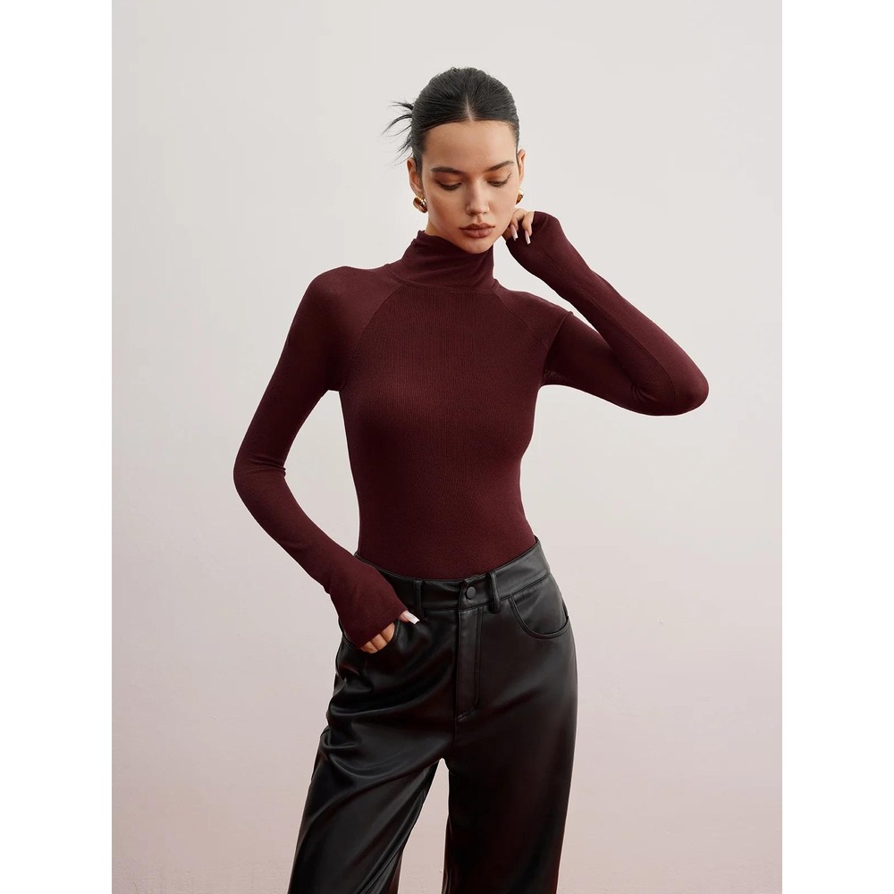 COMMENSE Burgundy Sheer Sleeve Skinny Knit Sweater Long Sleeve Top Size L